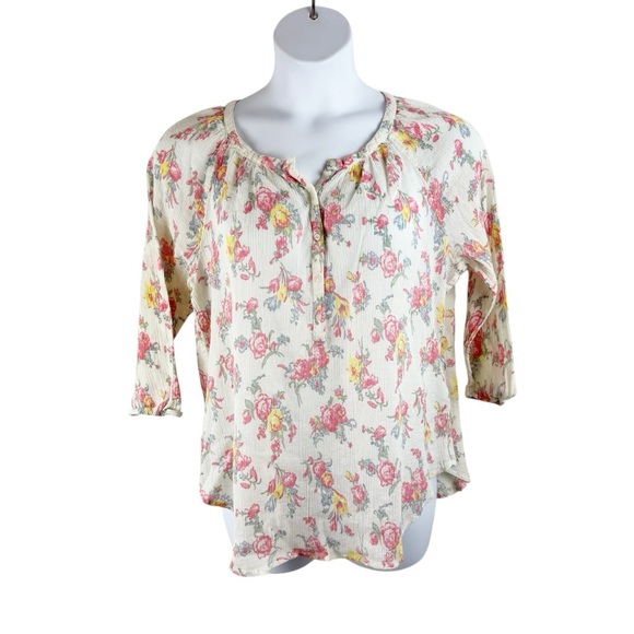Chaps Tops - Chaps Cream 3/4 Sleeve Lighweight Boho Relaxed Buttoned Floral Pullover Blouse